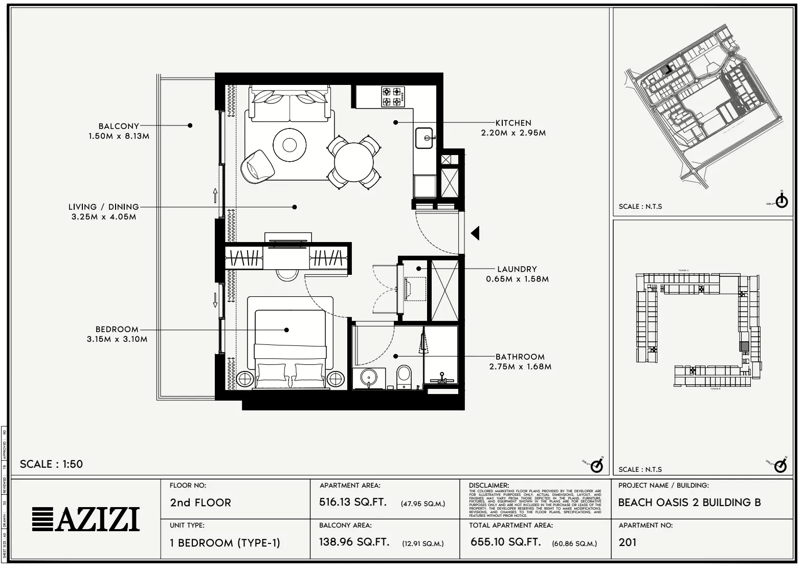 Beach Oasis Phase 2 By Azizi Type 1 - BB, 1 bed