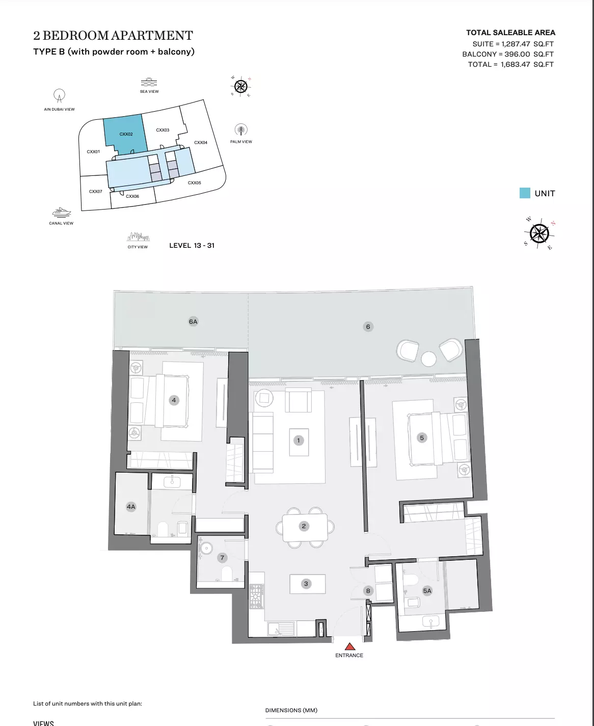 Sobha Seahaven Type B (with powder room + balcony), 2 beds
