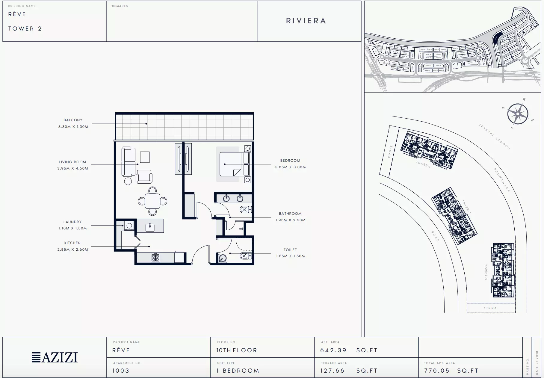 Azizi Riviera Reve Type 1003-Tower 2, 1 bed