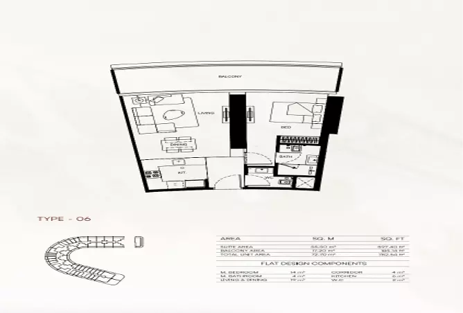 Binghatti Flare 01 — 1BR floor plan