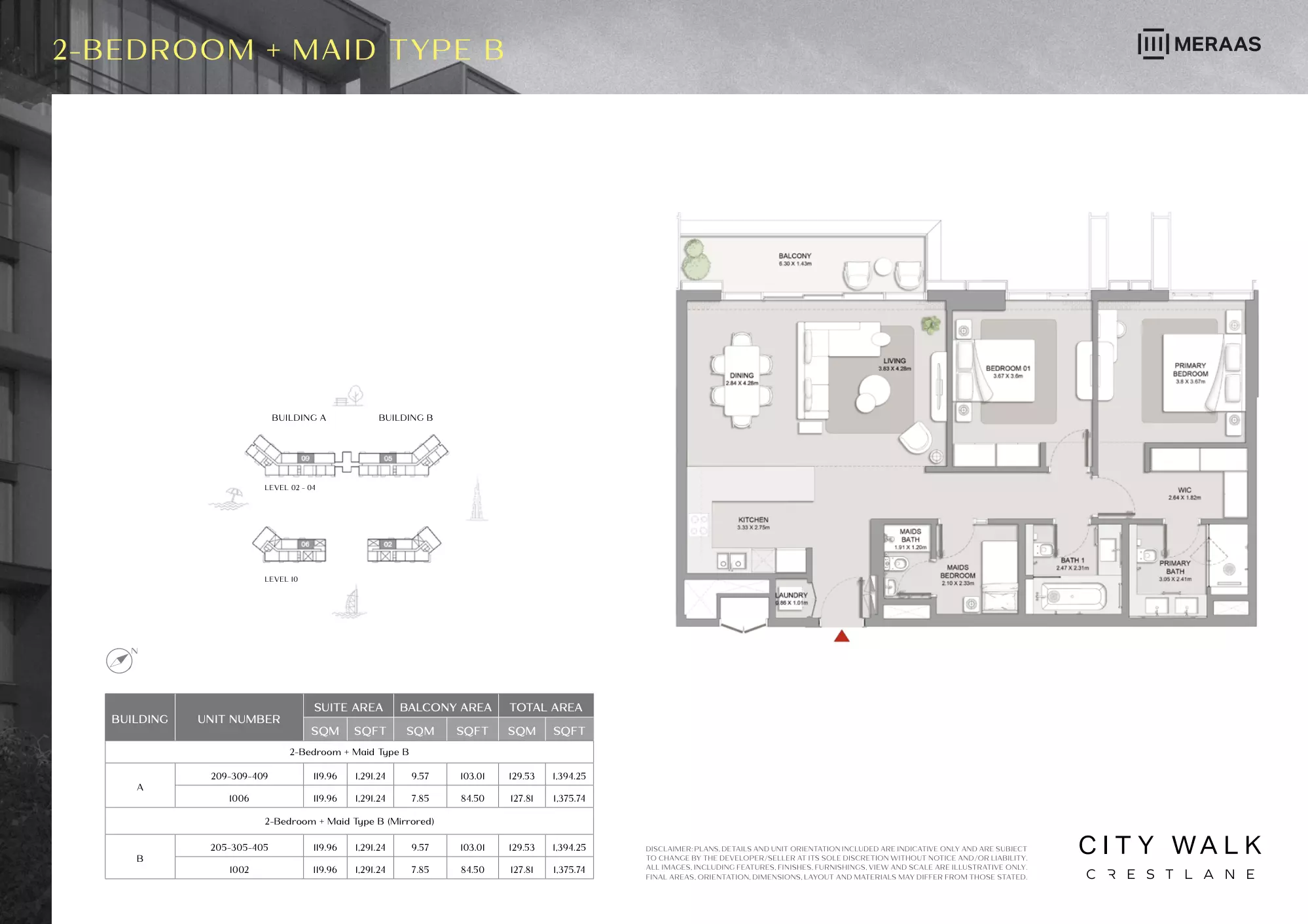 City Walk Crestlane Type B Mirrored + Maid - 2 BR, 3 beds