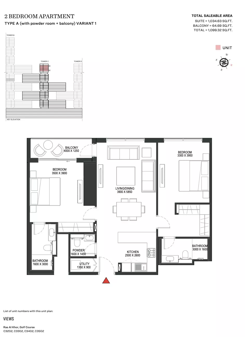 Sobha One Type A | Variant 1 Tower C, 2 beds