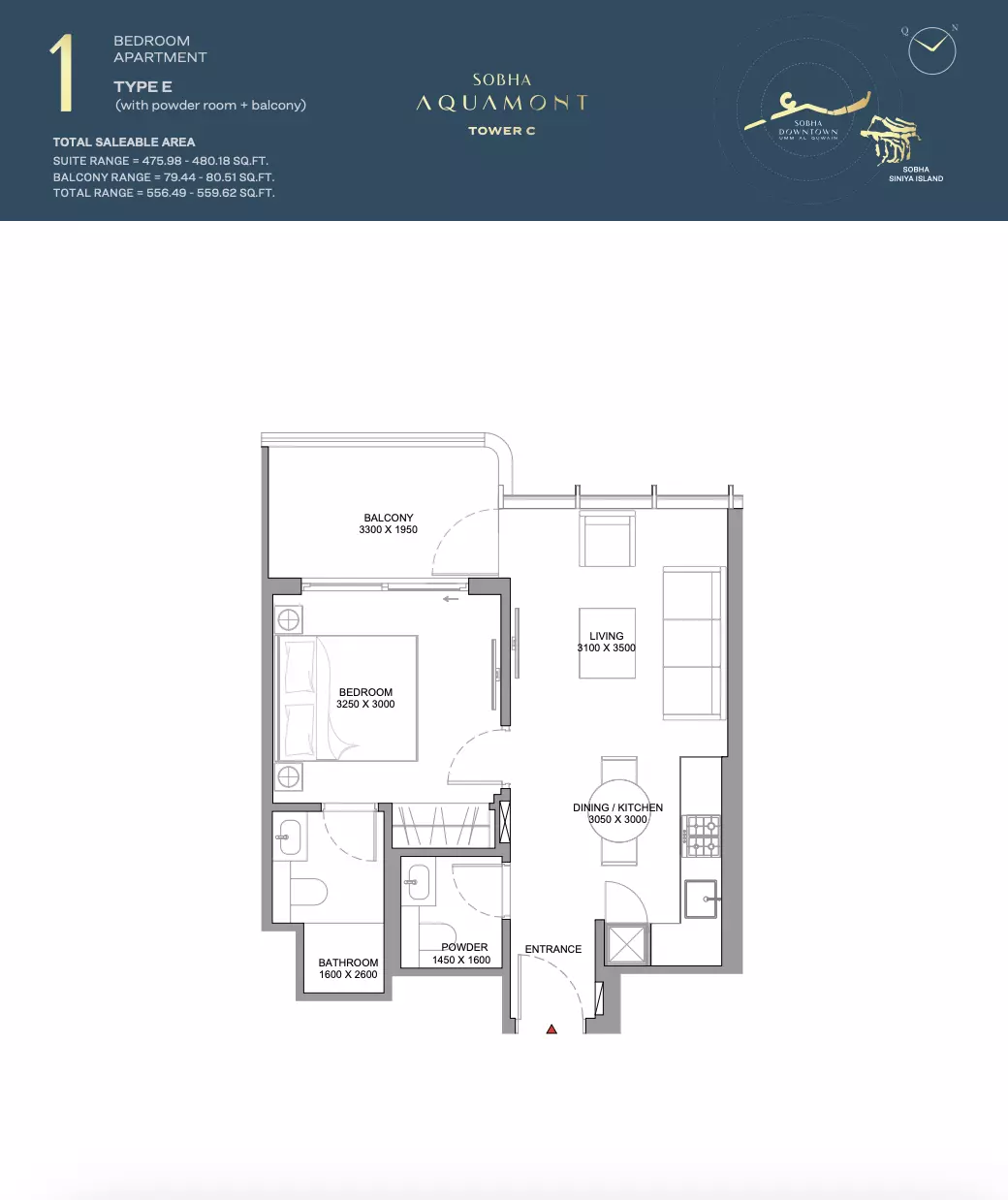 Sobha Aquamont — 1BR floor plan