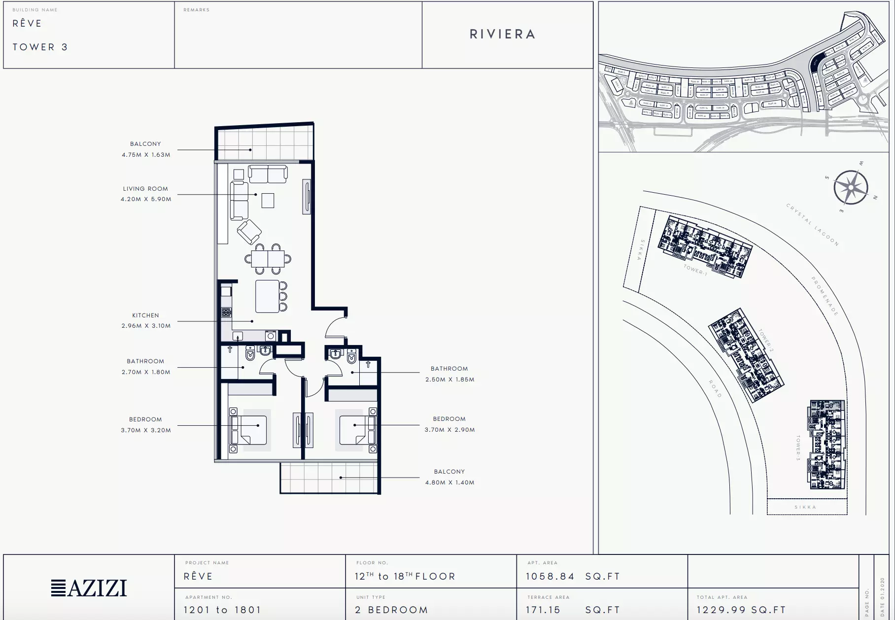 Azizi Riviera Reve Type 1201-Tower 3, 2 beds