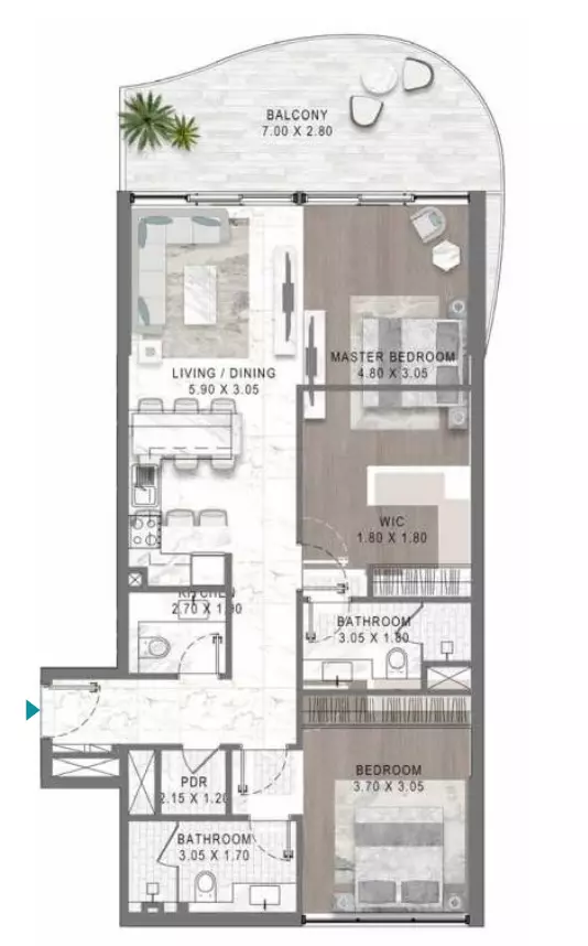 Lagoons Views Phase 2 By Damac — 2BR floor plan