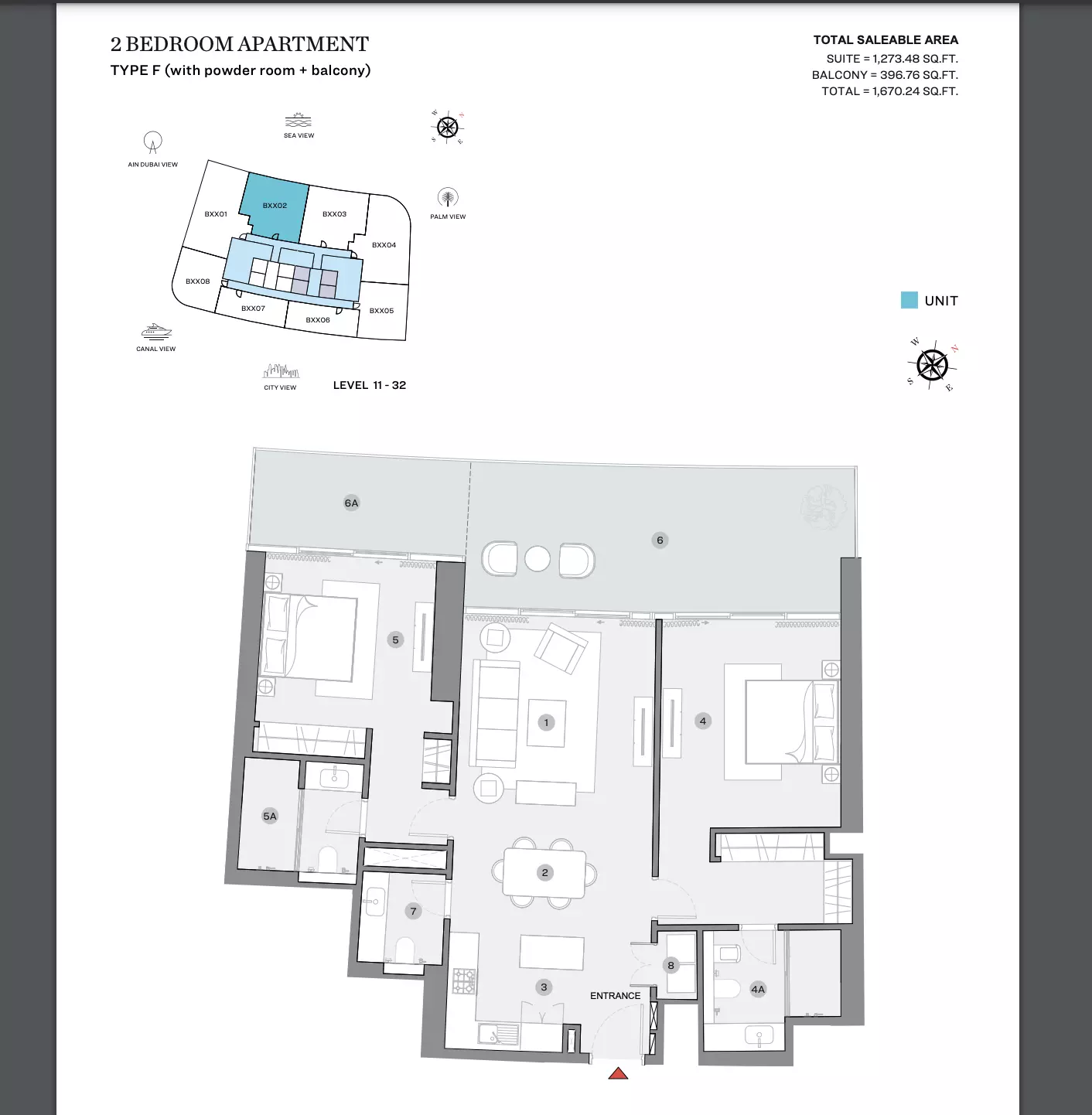 Sobha Seahaven Type F (with powder room + balcony), 2 beds