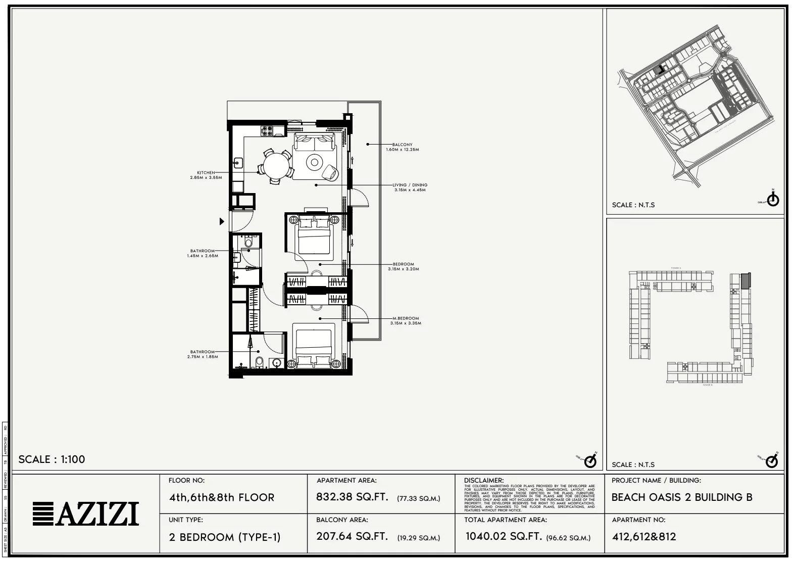 Beach Oasis Phase 2 By Azizi Type 1 - BB, 2 beds