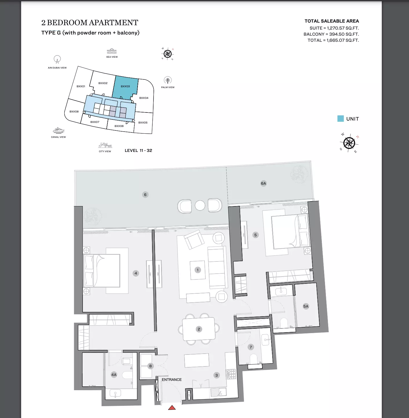 Sobha Seahaven Type G (with powder room + balcony), 2 beds