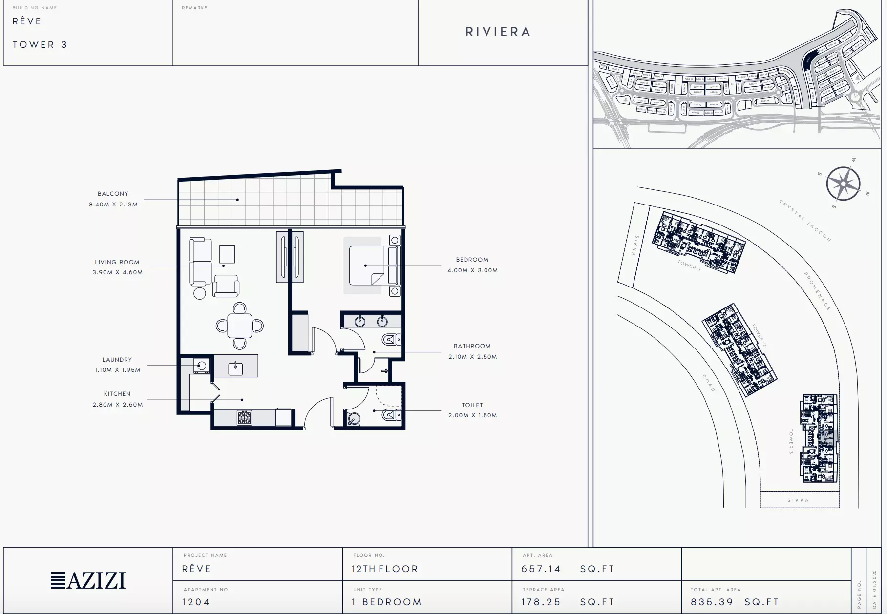 Azizi Riviera Reve Type 1204-Tower 3, 1 bed