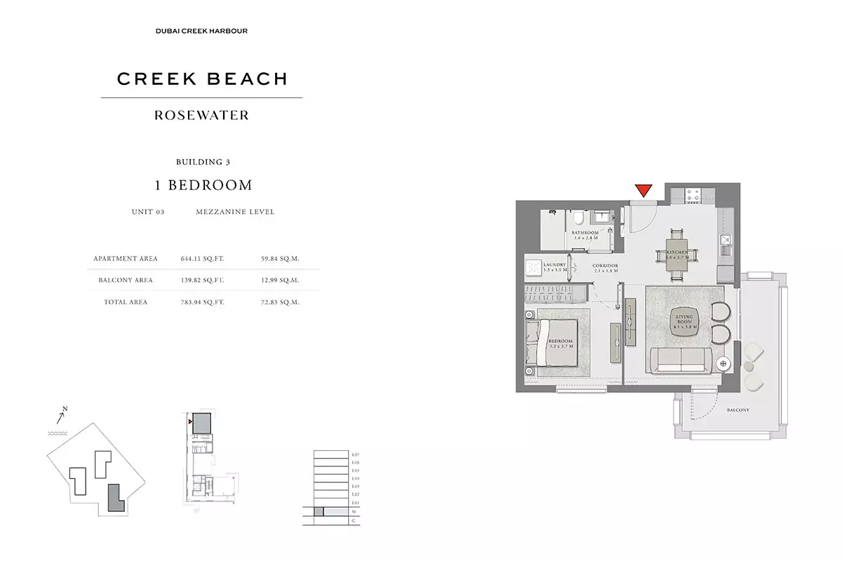 Creek Beach Rosewater — 1BR floor plan