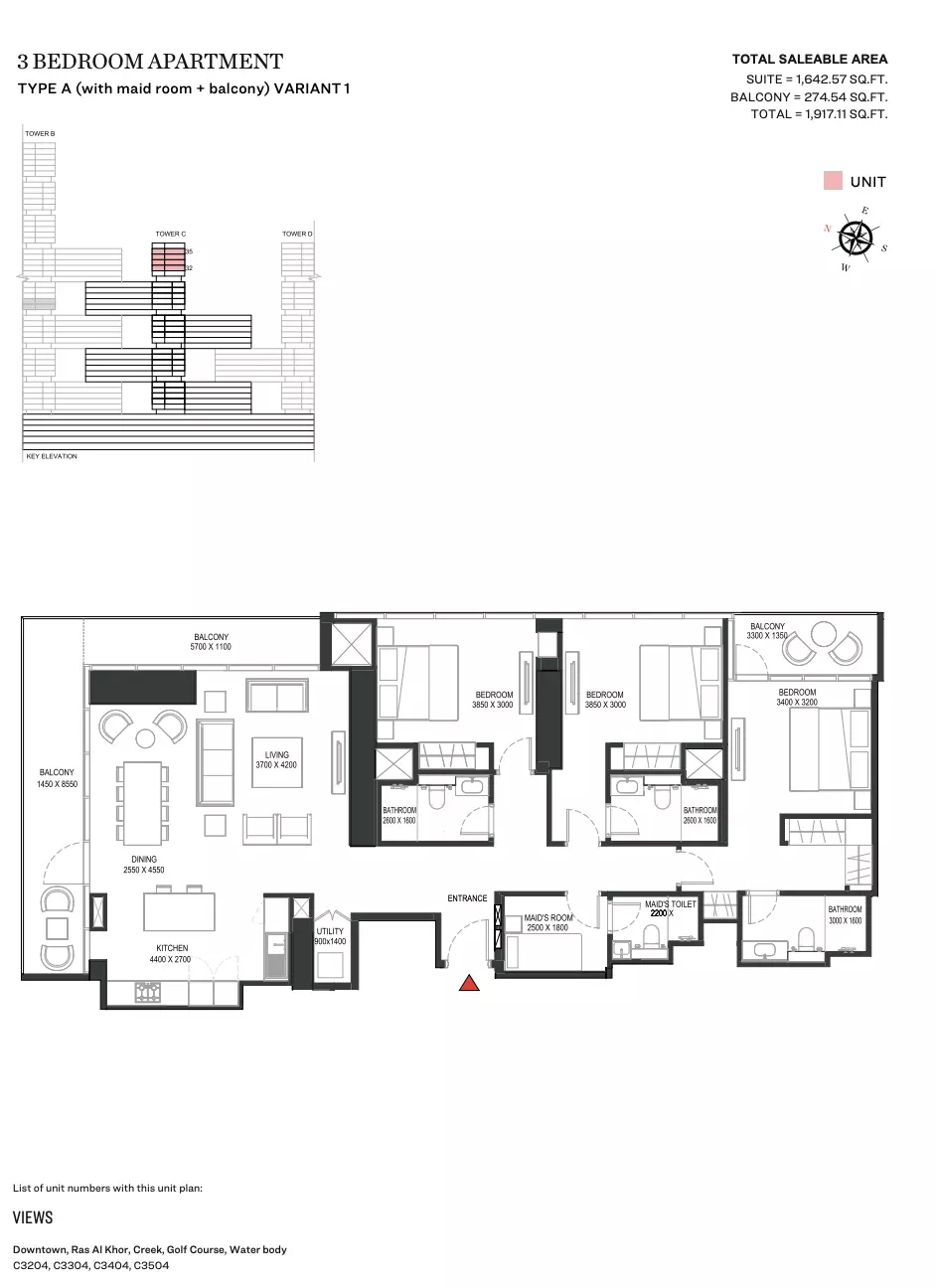 Sobha One Type A | Variant 1 Tower C, 3 beds