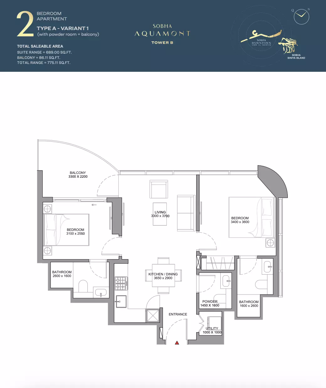 Sobha Aquamont Type A-Tower B, 2 beds