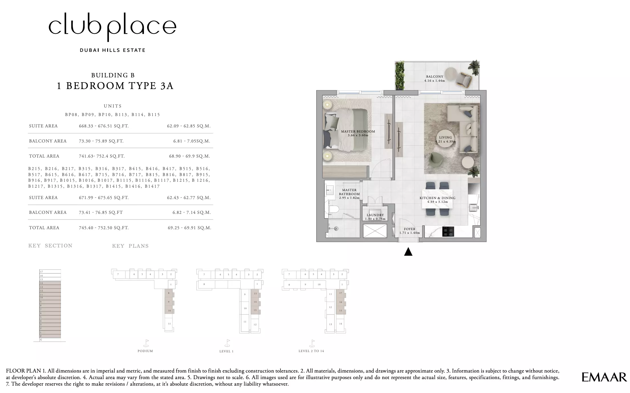 Club Place Building B - Type 3A, 1 bed