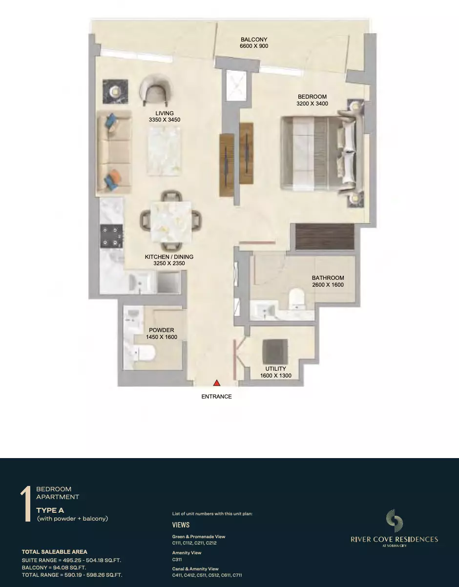 River Cove Residences at sobha city — 1BR floor plan