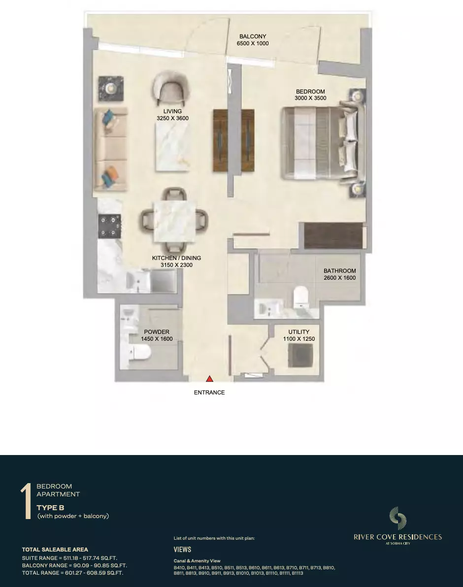 River Cove Residences at sobha city Type B-Tower B, 1 bed