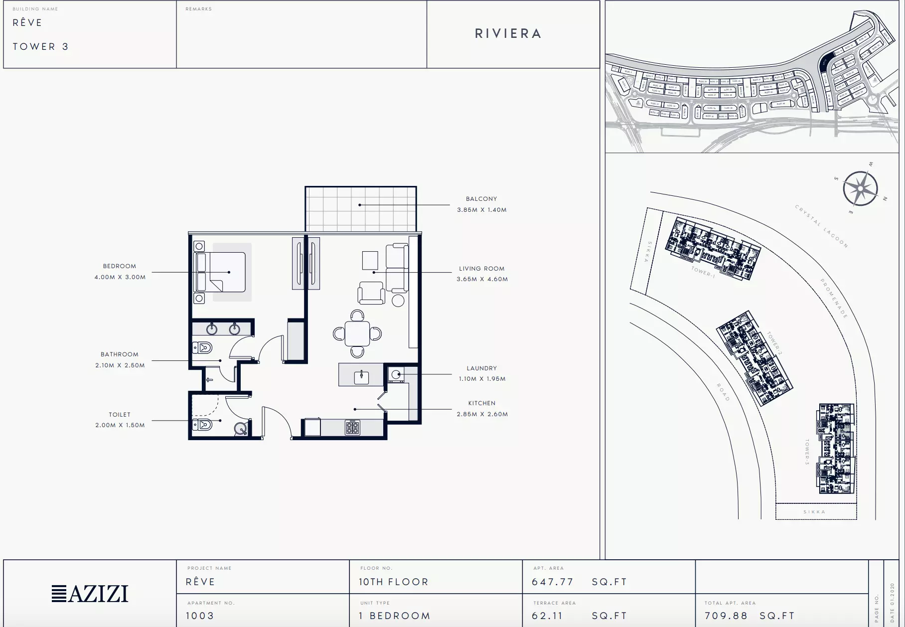 Azizi Riviera Reve Type 1003-Tower 3, 1 bed
