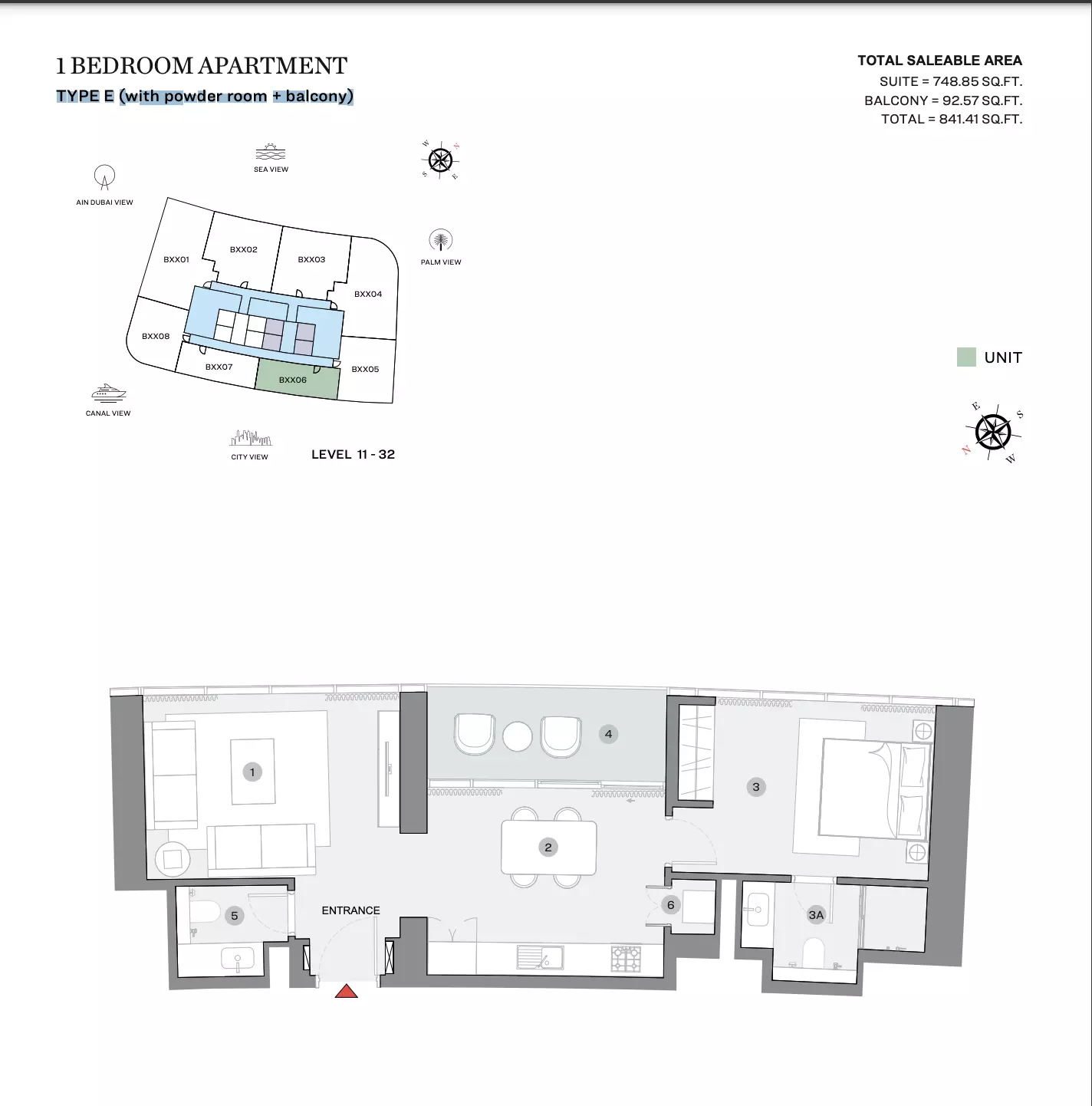 Sobha Seahaven Type E (with powder room + balcony), 1 bed