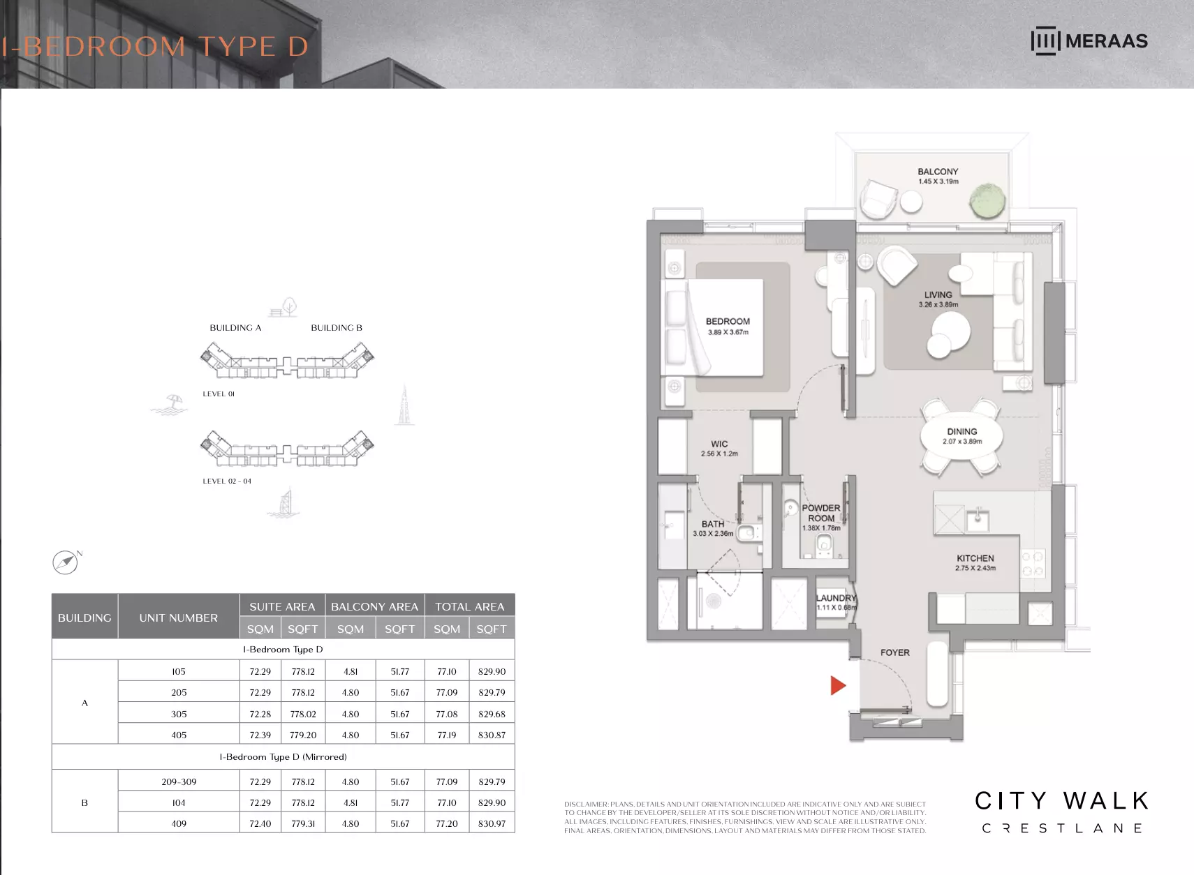 City Walk Crestlane Type D Mirrored - 1 BR, 1 bed