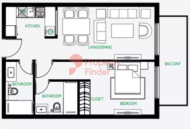 The Community Motor City — 1BR floor plan