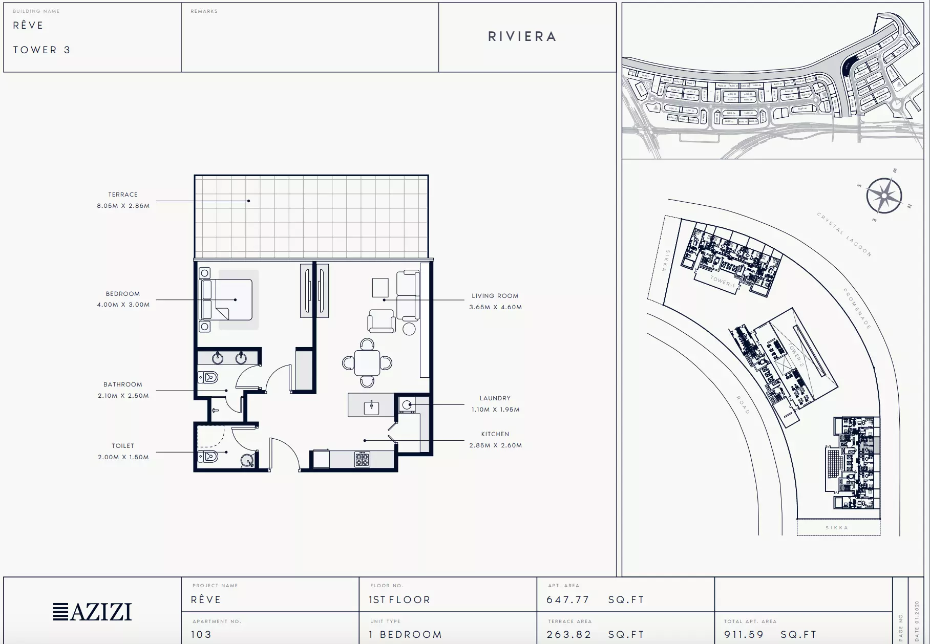 Azizi Riviera Reve Type 103-Tower 3, 1 bed