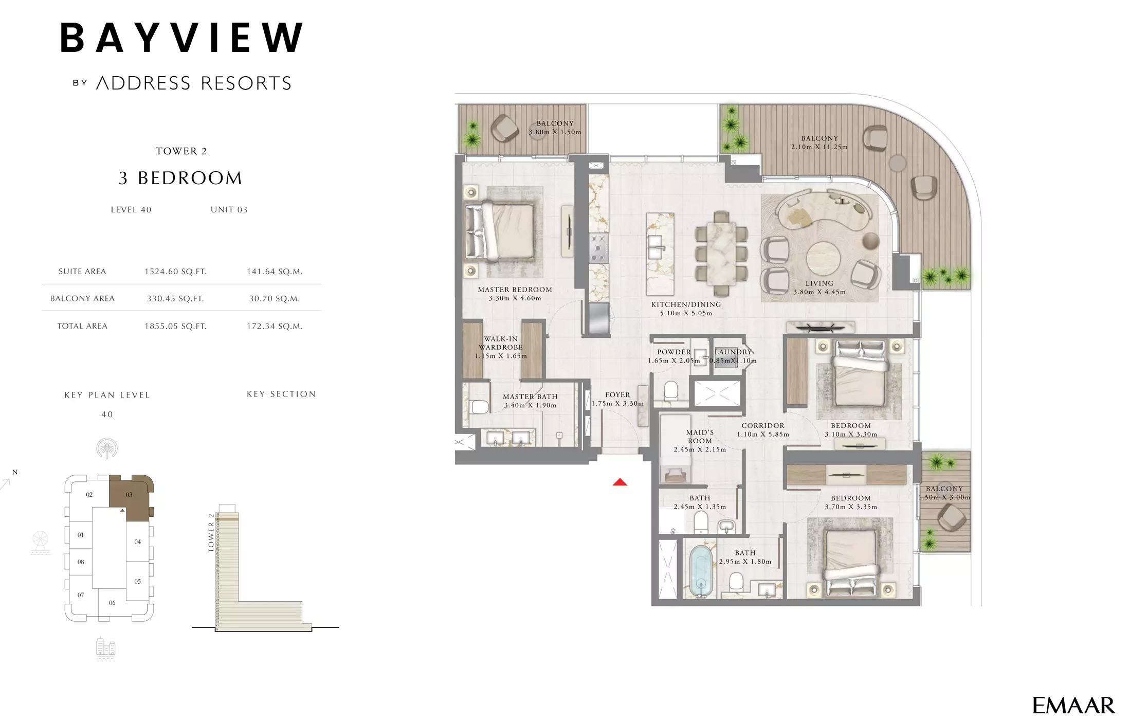 Bayview By Emaar Unit 3, Level 40, 3 beds