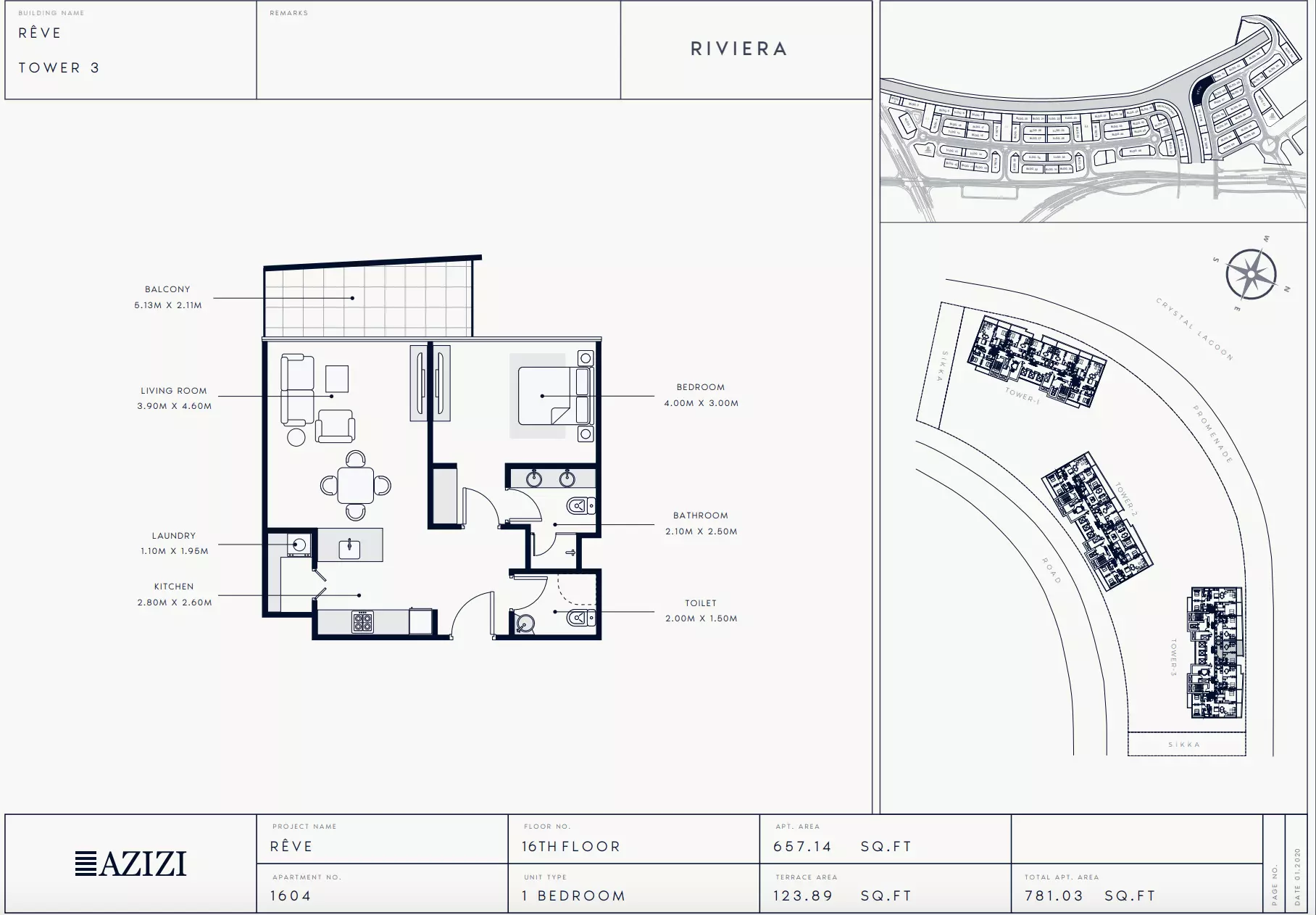Azizi Riviera Reve Type 1604-Tower 3, 1 bed