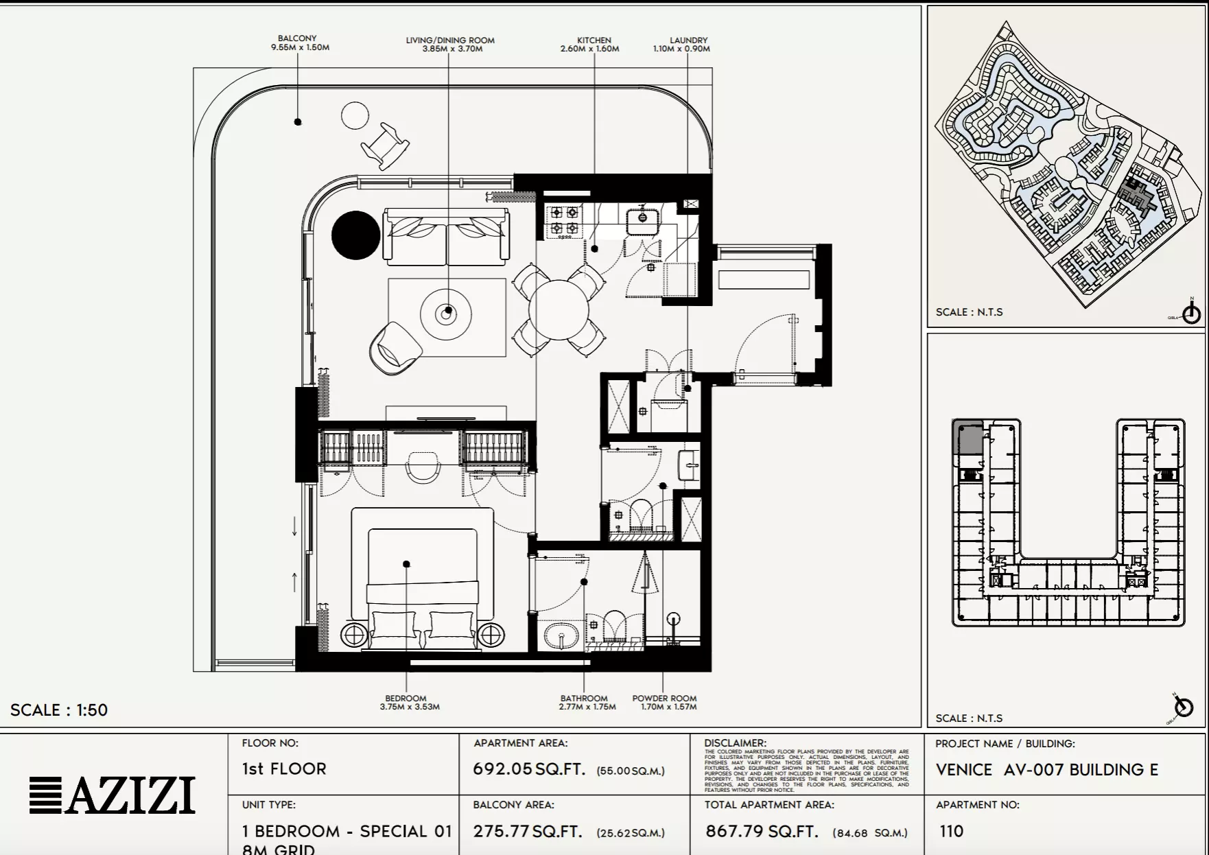 Azizi Venice 7 Type 110-Building E, 1 bed