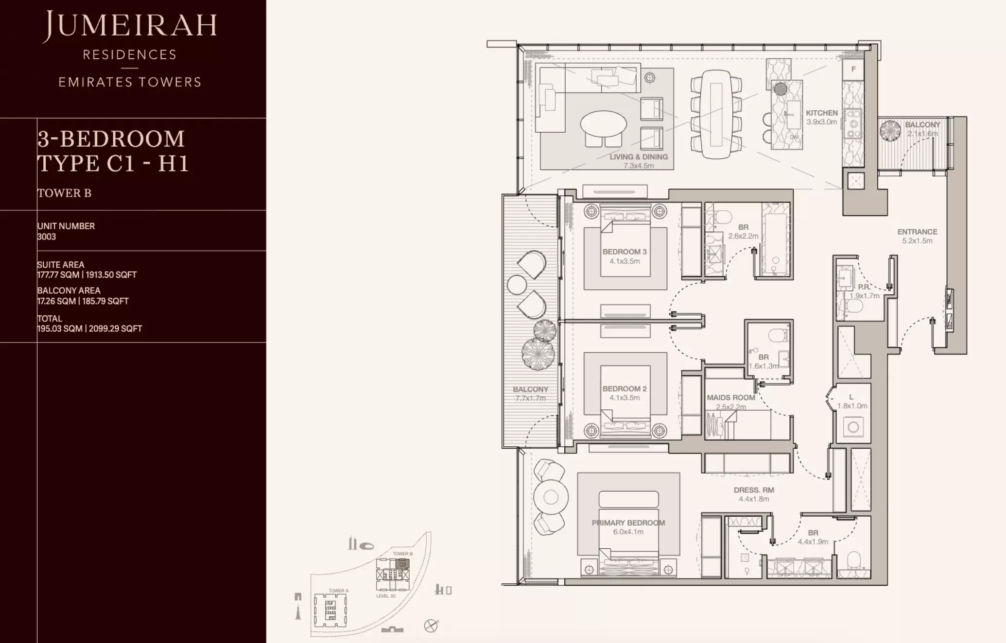 Jumeirah Residences Emirates Towers Type C1-H1-Tower B, 3 beds