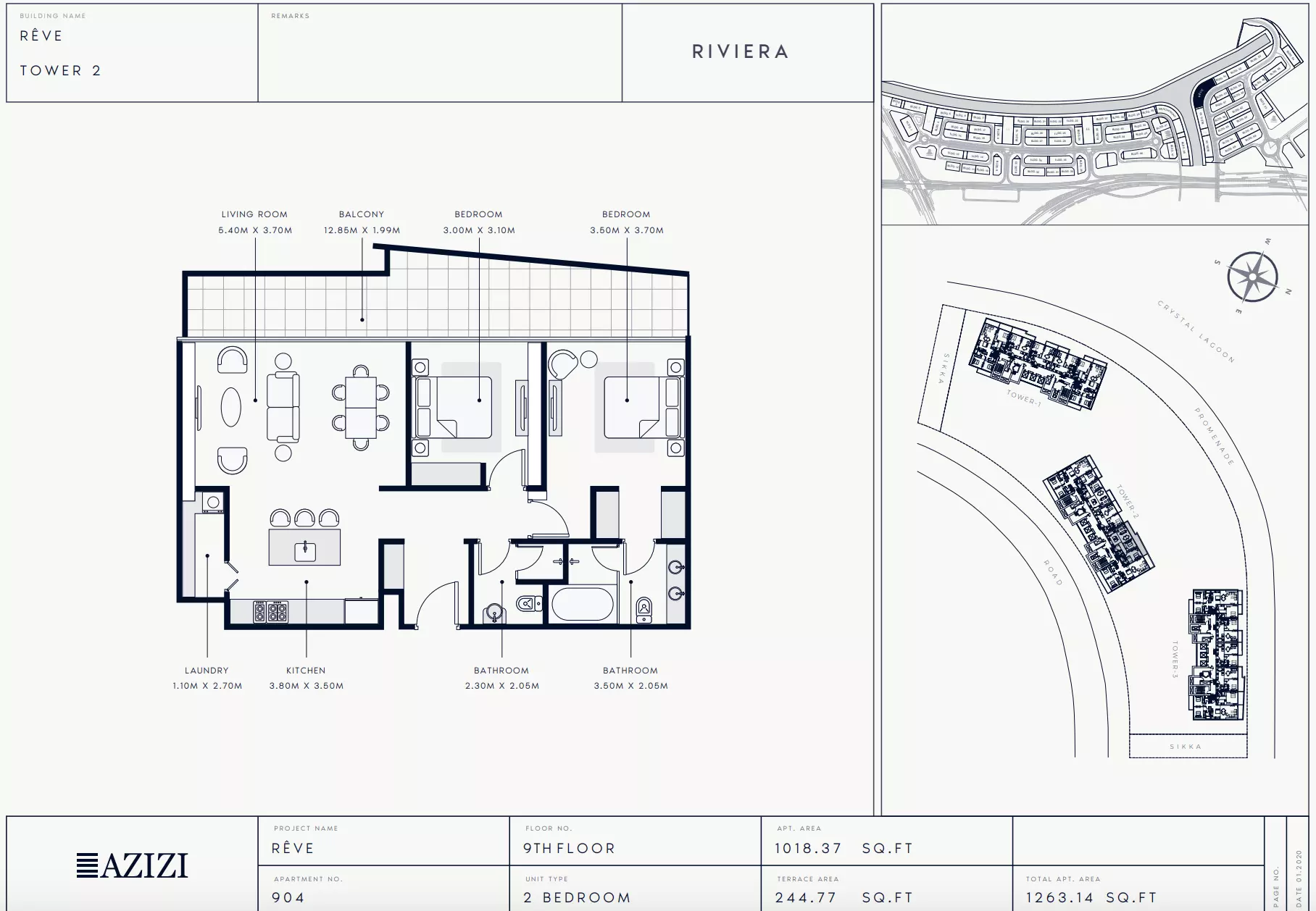 Azizi Riviera Reve Type 904-Tower 2, 2 beds