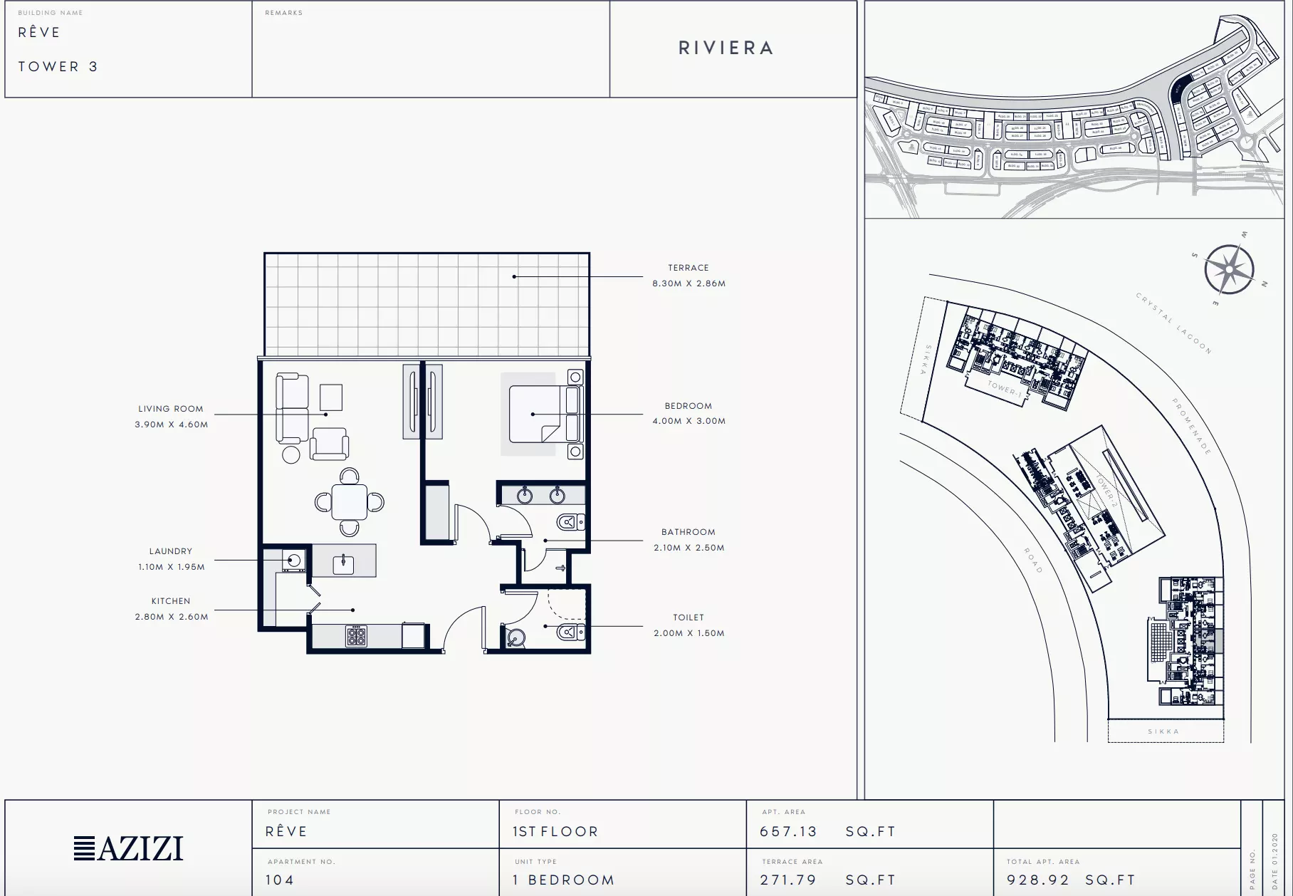 Azizi Riviera Reve Type 104-Tower 3, 1 bed