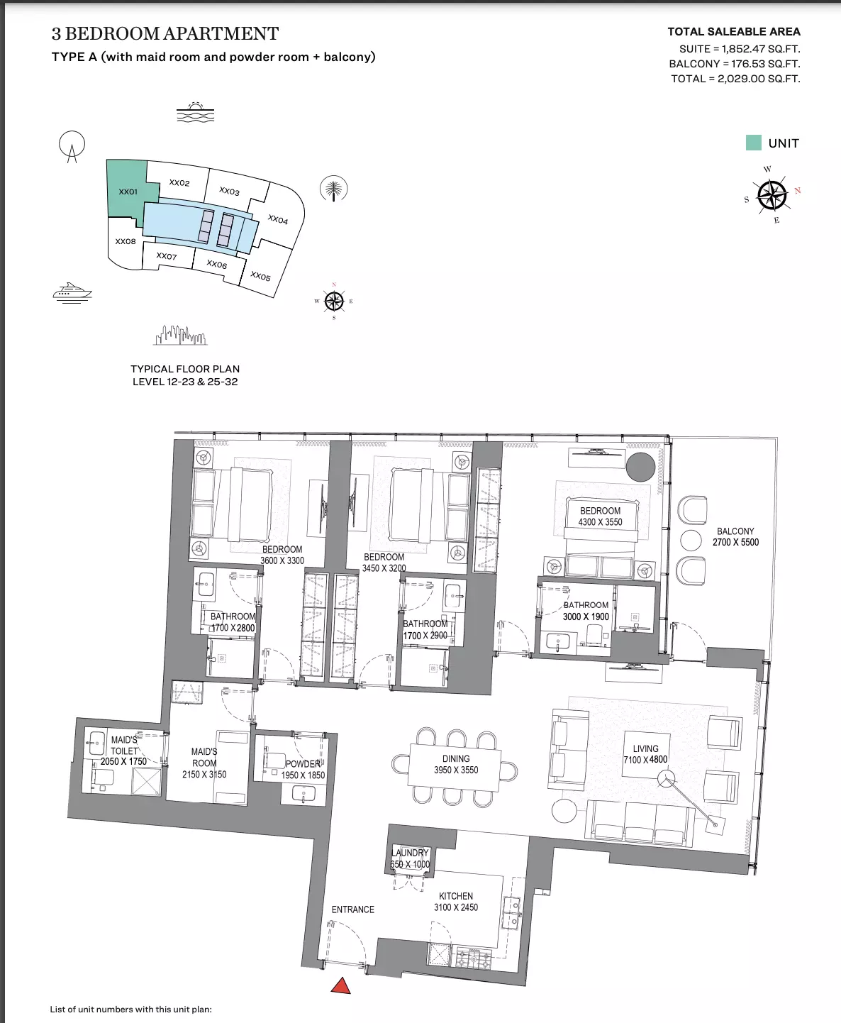 Sobha Seahaven Type A (with powder room + balcony), 3 beds