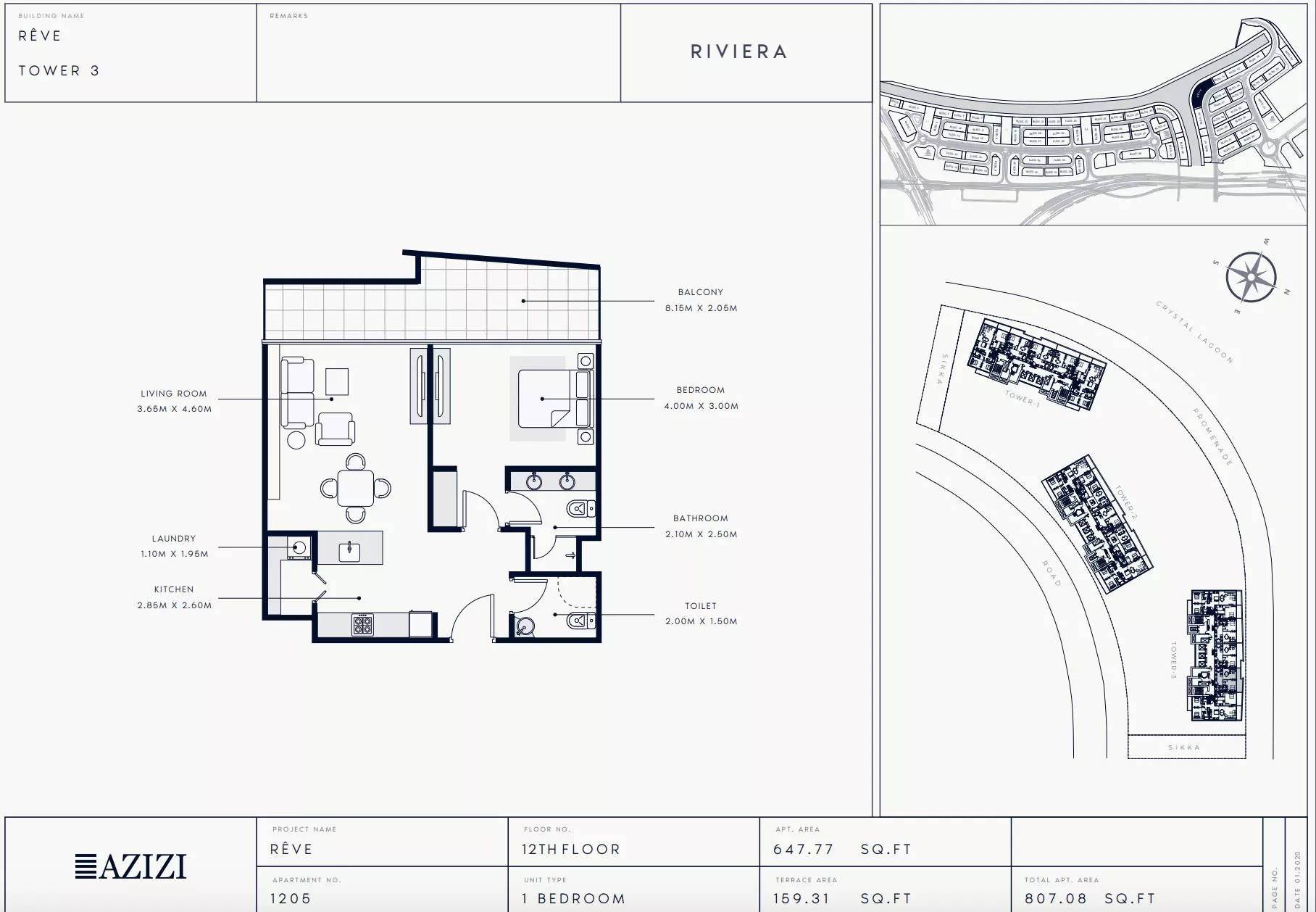 Azizi Riviera Reve Type 1205-Tower 3, 1 bed