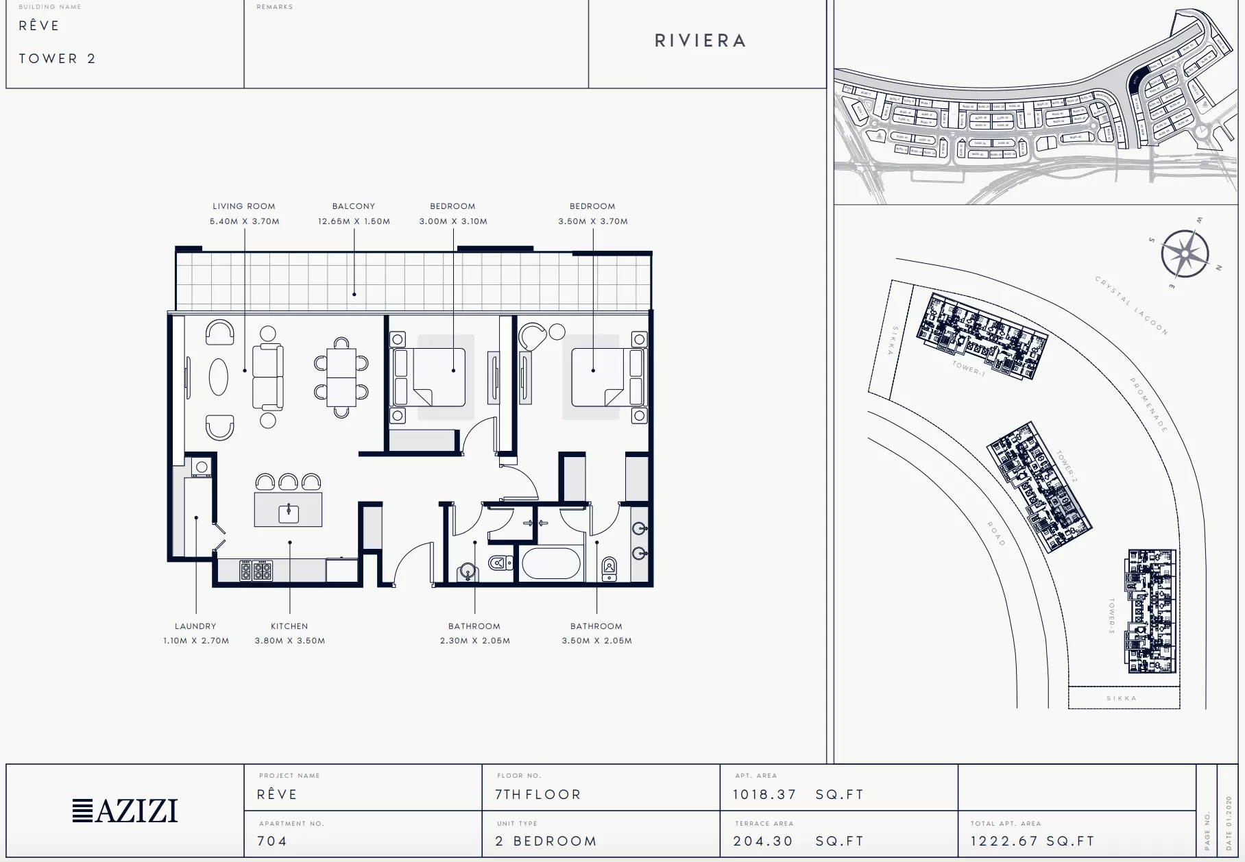 Azizi Riviera Reve Type 704-Tower 2, 2 beds