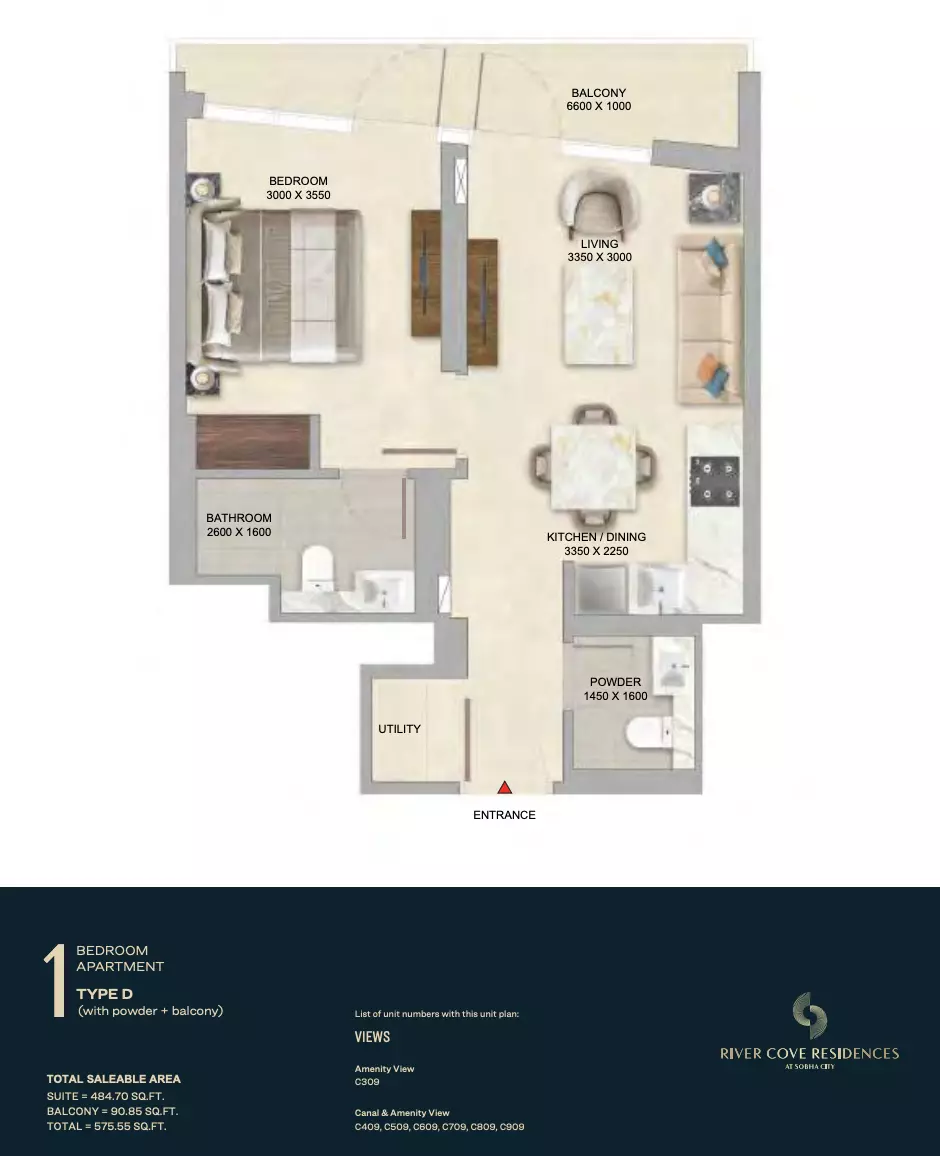 River Cove Residences at sobha city Type D-Tower C, 1 bed