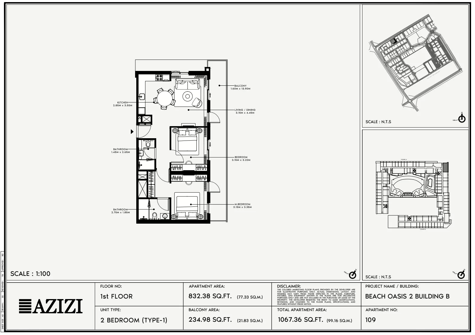 Beach Oasis Phase 2 By Azizi Type 1 - BB, 2 beds