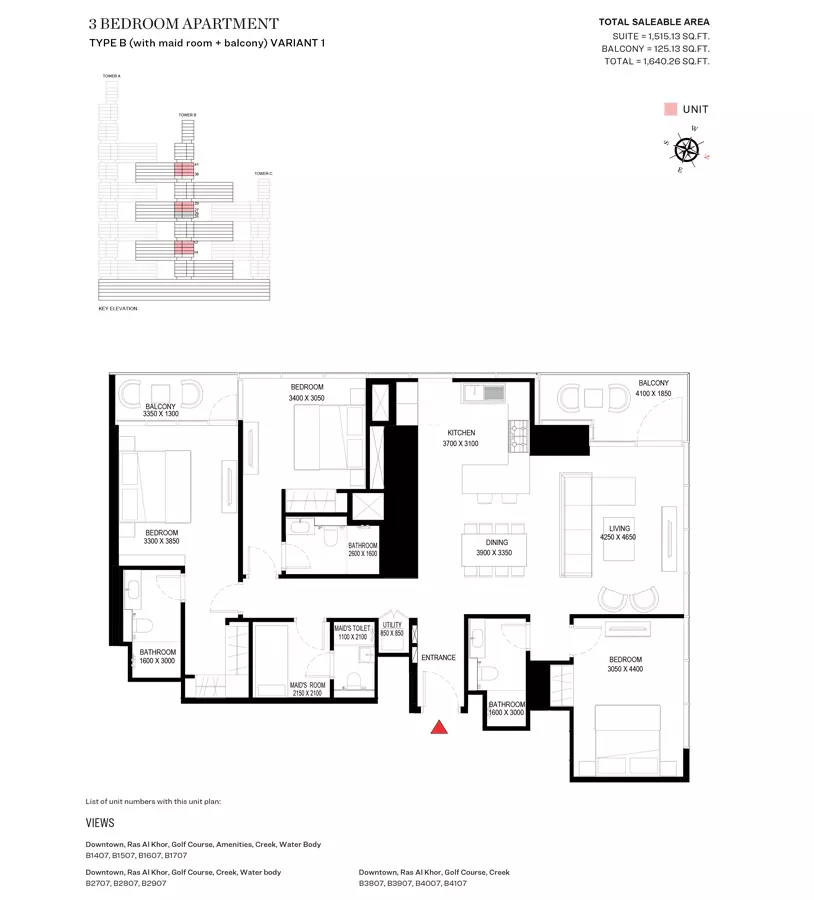 Sobha One Type B-Variant 1-Tower B, 3 beds