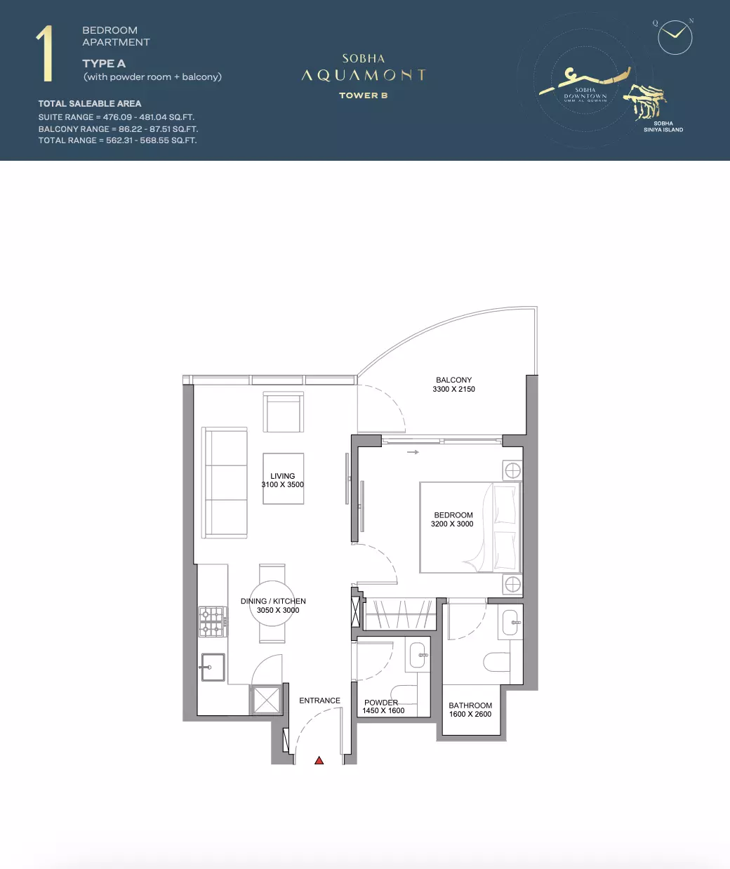 Sobha Aquamont — 1BR floor plan