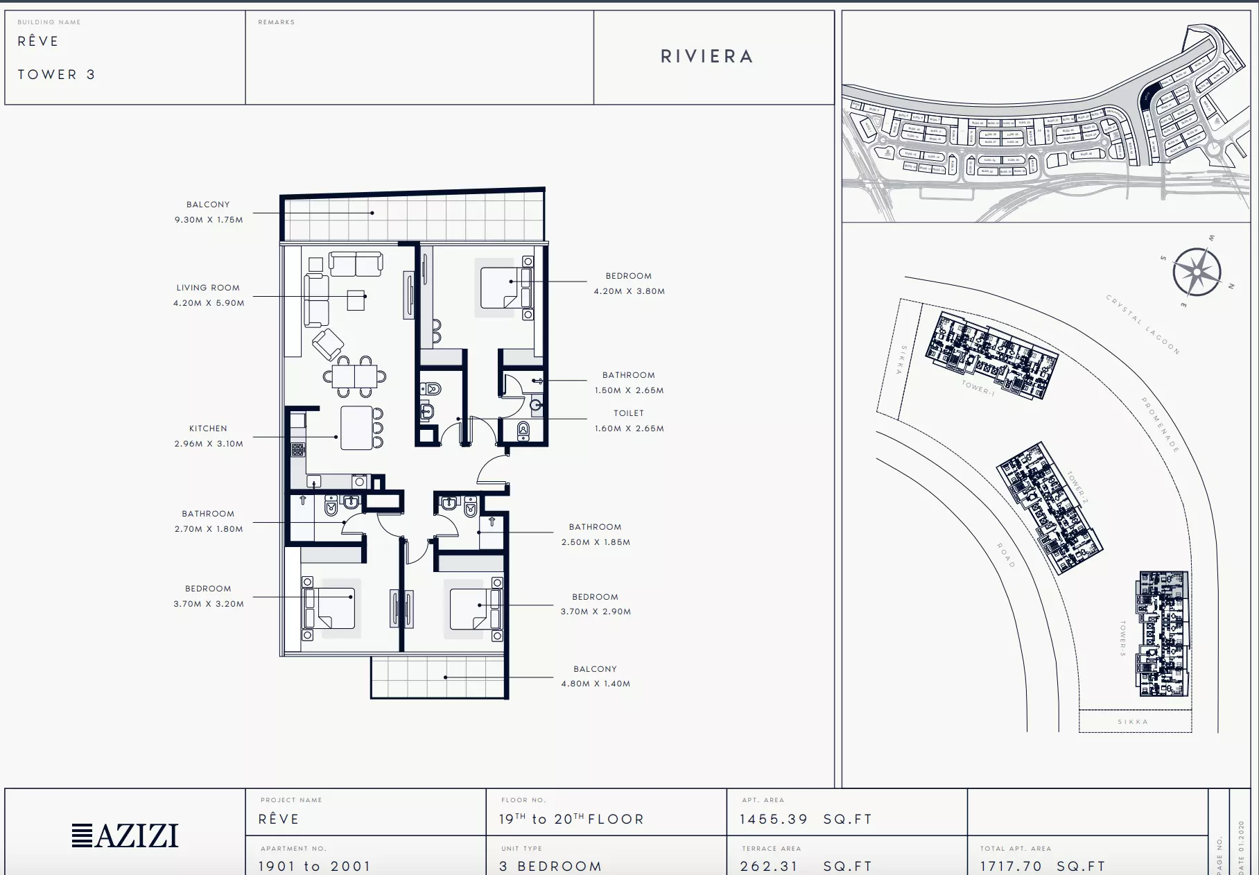 Azizi Riviera Reve Type 1901-Tower 3, 3 beds