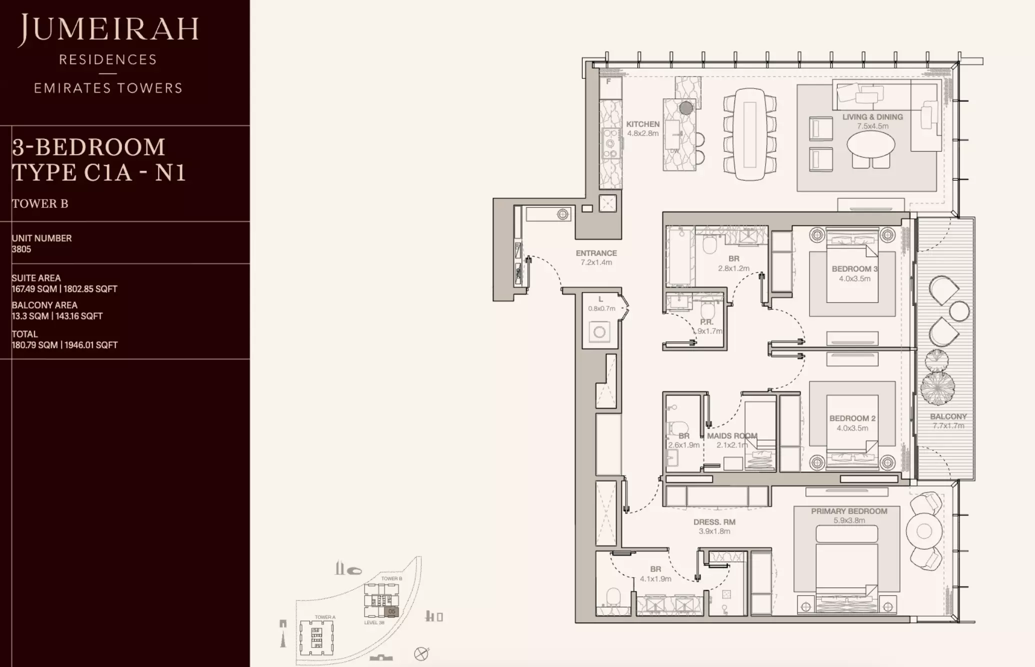Jumeirah Residences Emirates Towers Type C1A-N1-Tower B, 3 beds