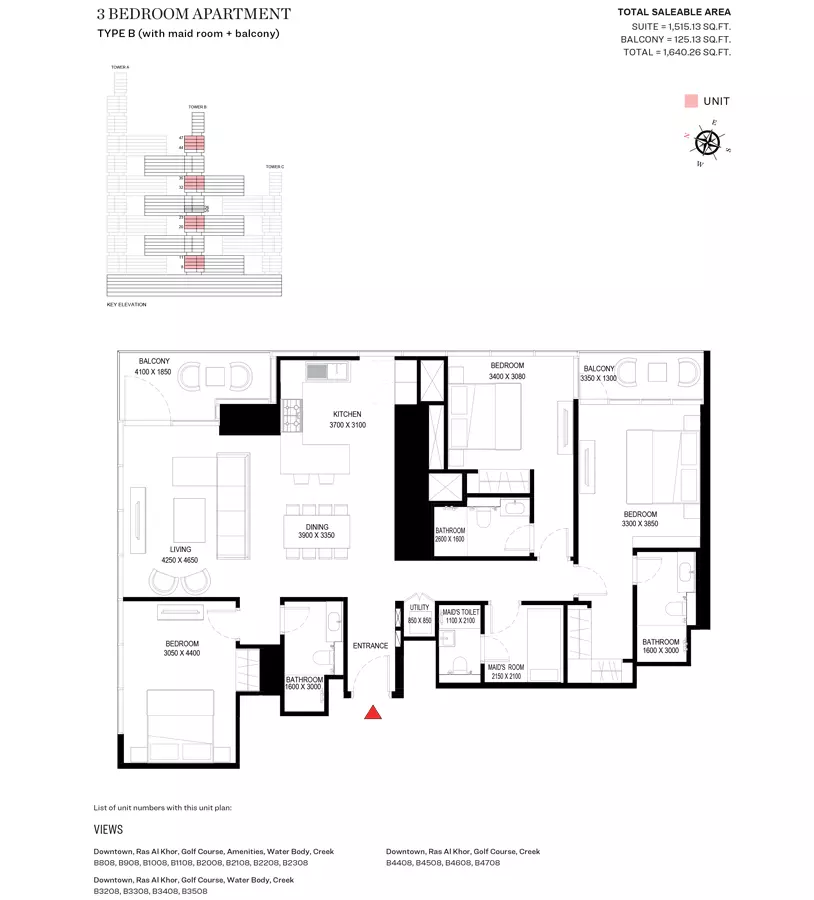 Sobha One Type B-Tower B, 3 beds