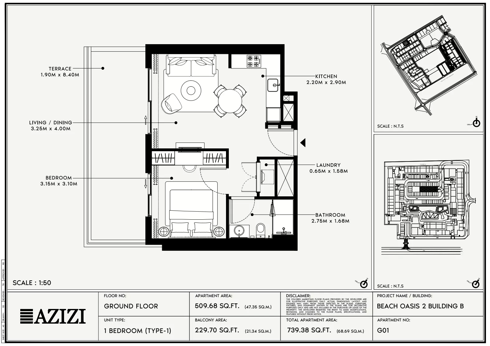 Beach Oasis Phase 2 By Azizi Type 1 - BB, 1 bed