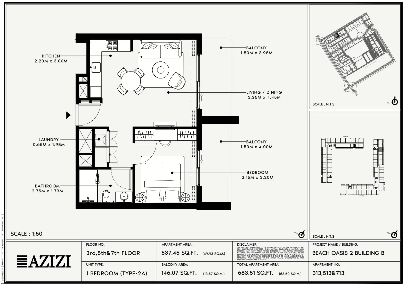 Beach Oasis Phase 2 By Azizi Type 2A - BB, 1 bed