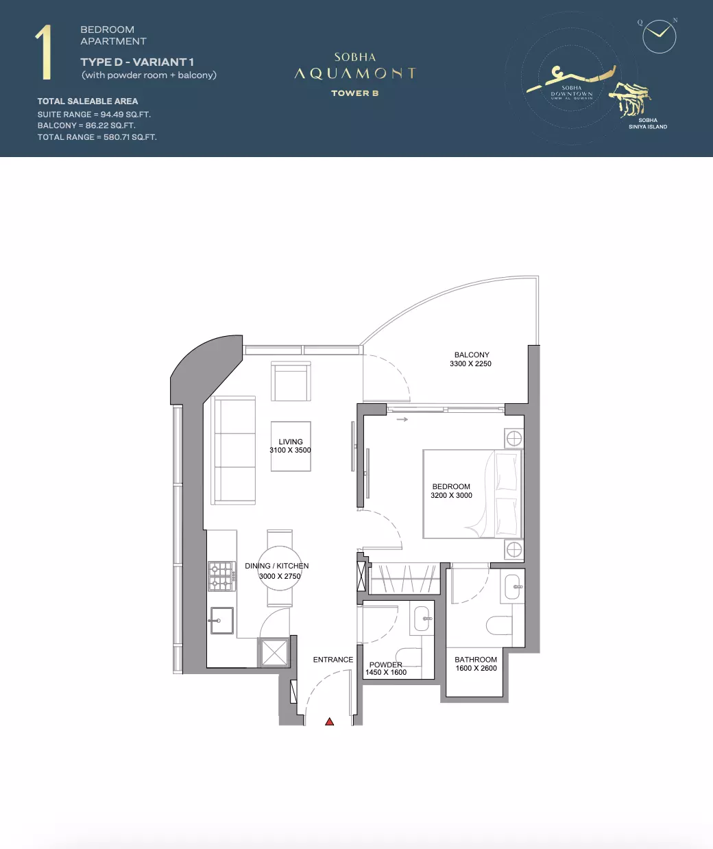 Sobha Aquamont Type D-Tower B, 1 bed