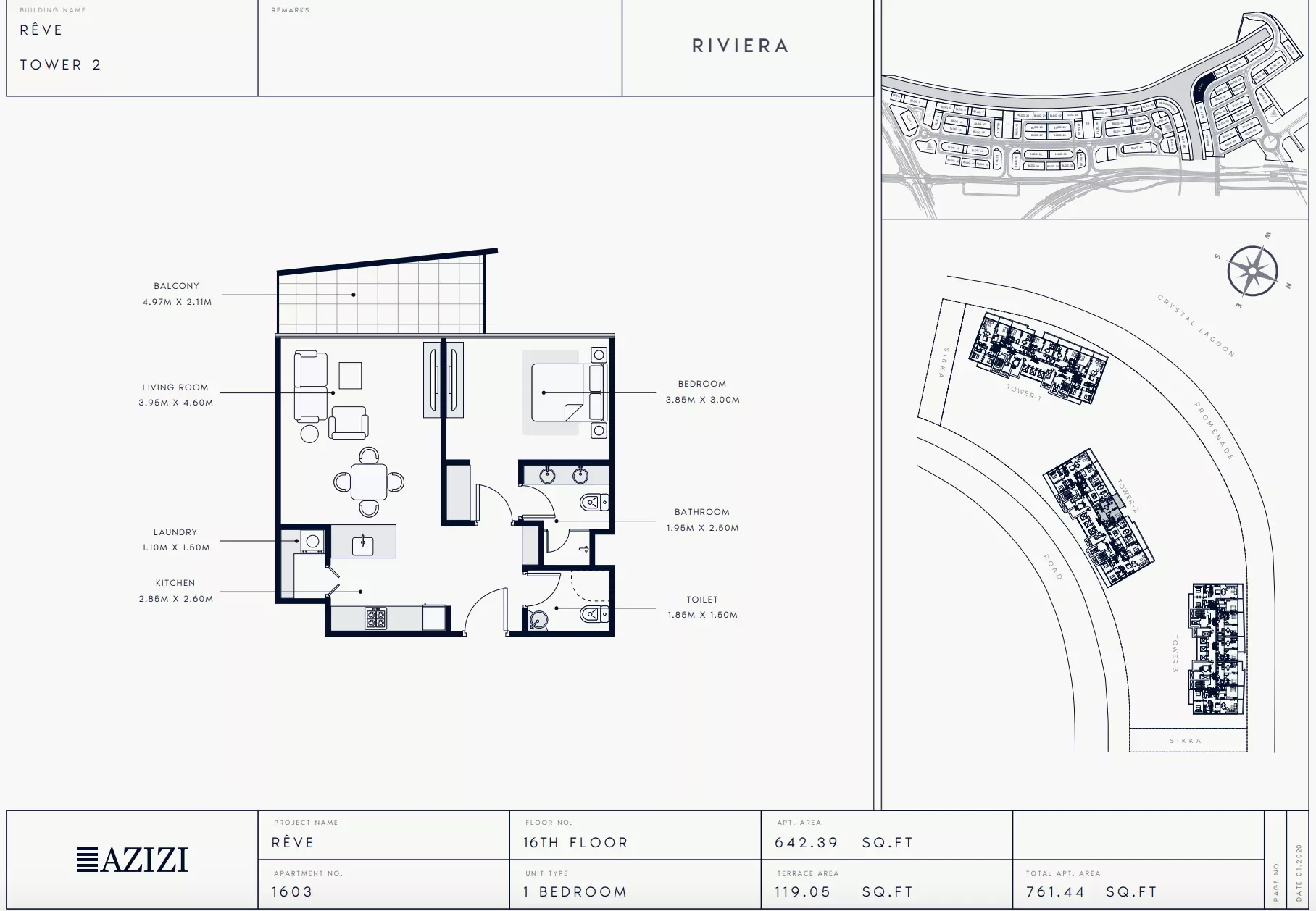 Azizi Riviera Reve Type 1603-Tower 2, 1 bed
