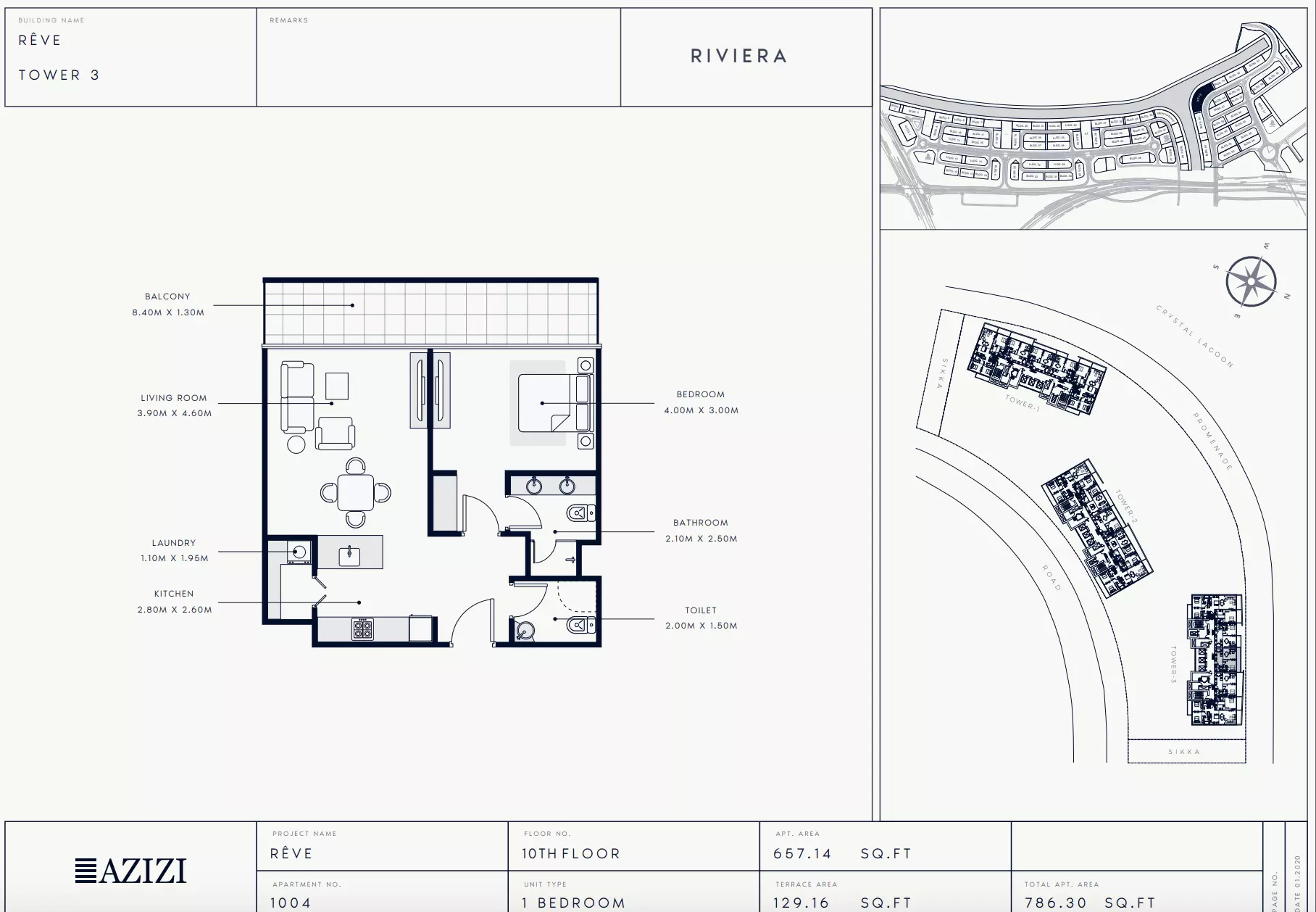 Azizi Riviera Reve Type 1004-Tower 3, 1 bed