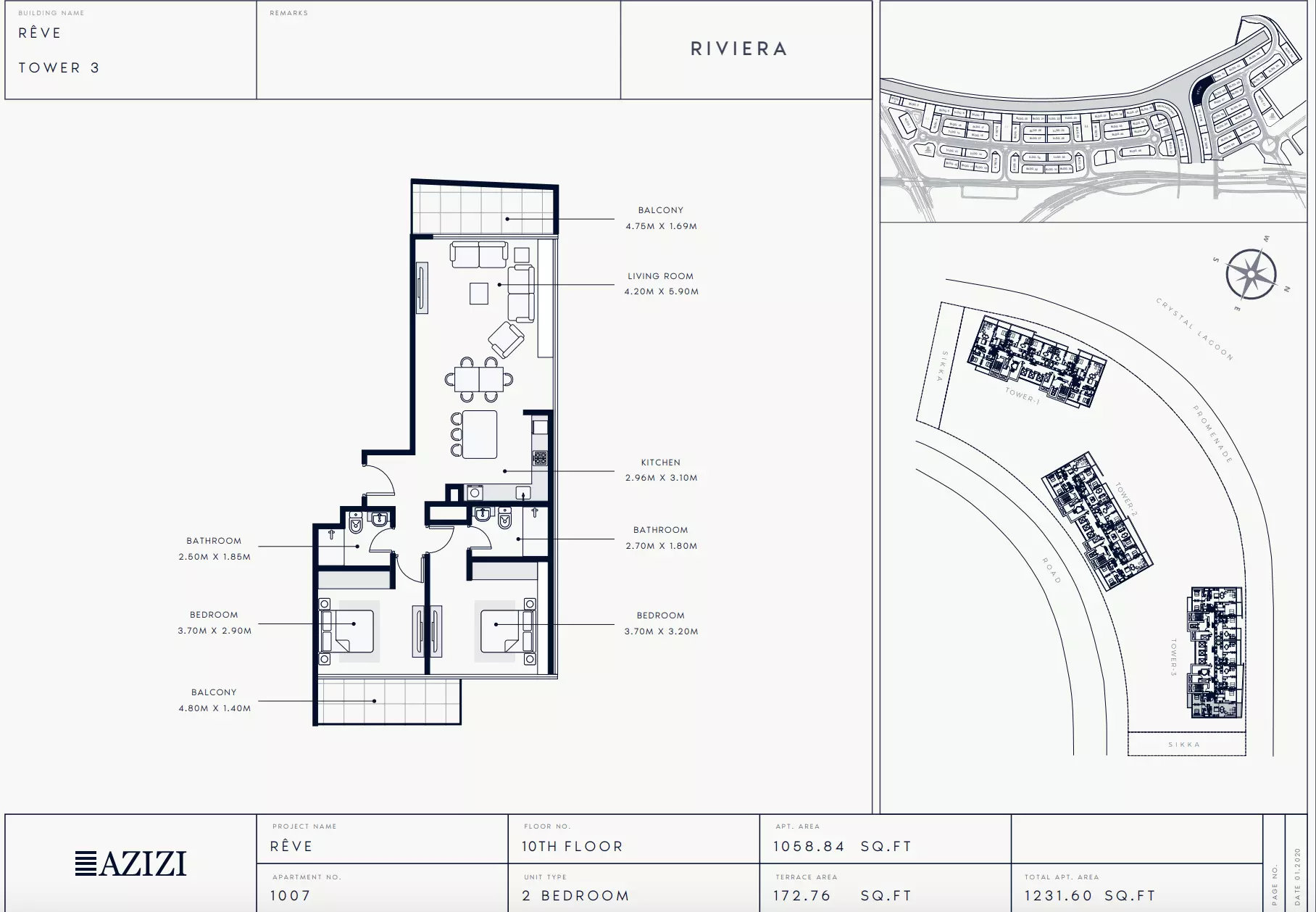 Azizi Riviera Reve Type 1007-Tower 3, 2 beds