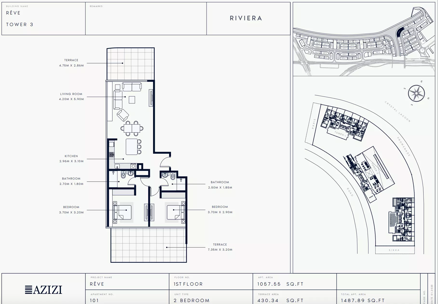 Azizi Riviera Reve Type 101-Tower 3, 2 beds