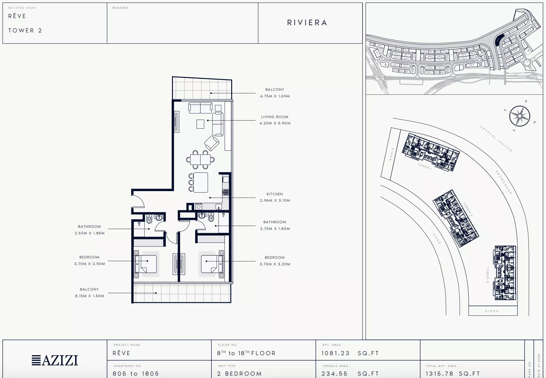 Azizi Riviera Reve Type 805-Tower 2, 2 beds