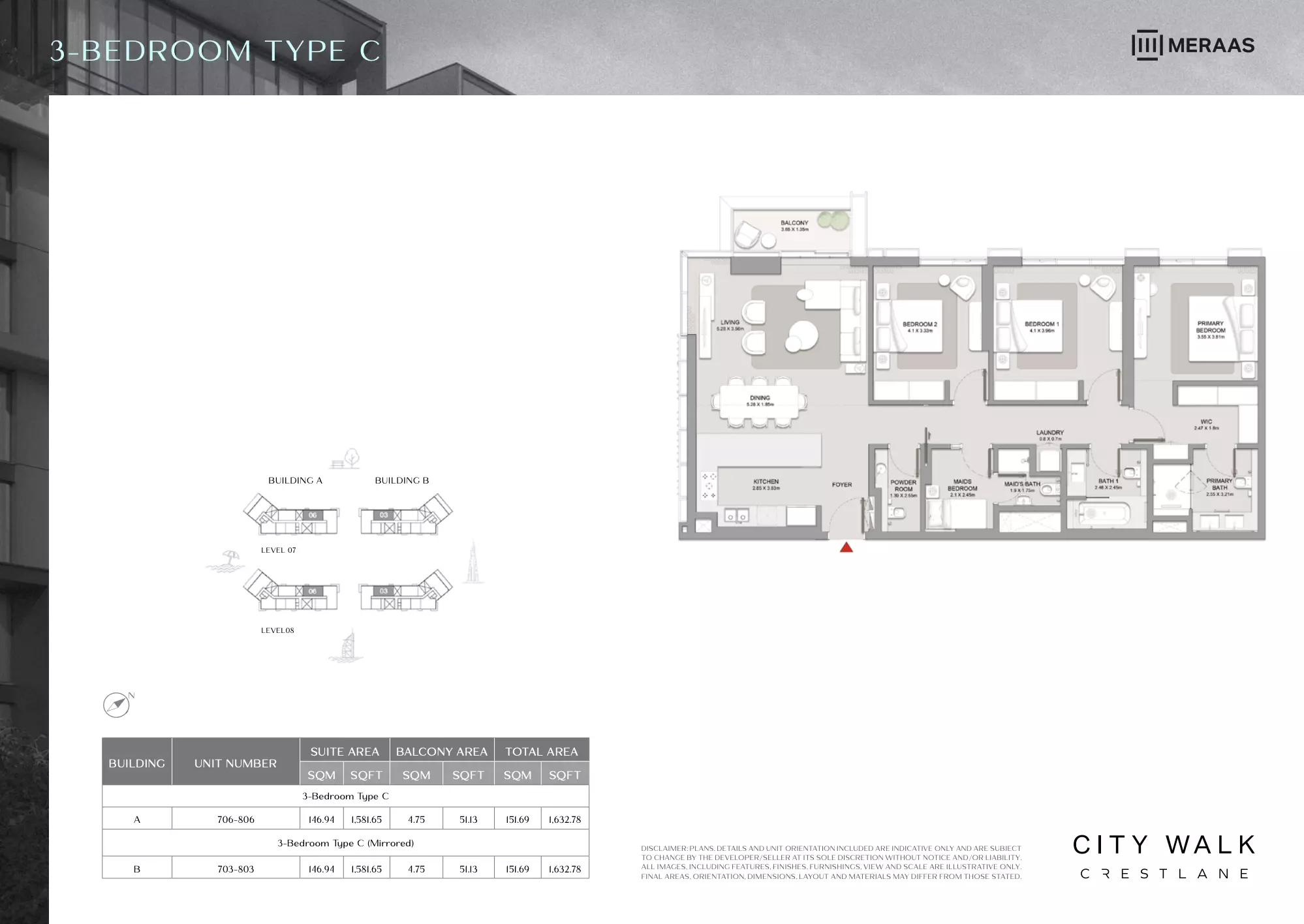 City Walk Crestlane Type C Mirrored - 3 BR, 3 beds