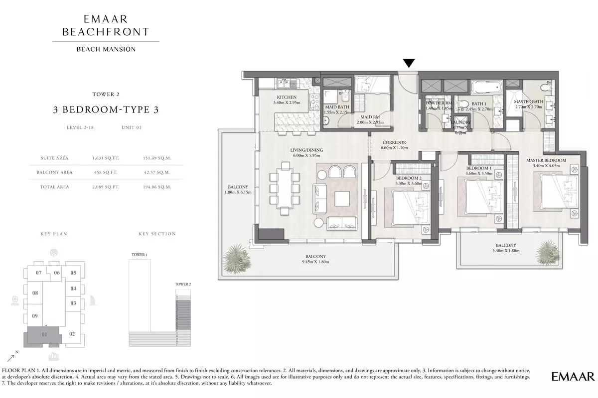 Beach Mansion Tower 2 Type 3, Level 2-18, unit 01, 3 beds